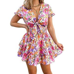 Women's 2024 Summer Swing Mini Dress Tie Front V Neck Short Sleeve